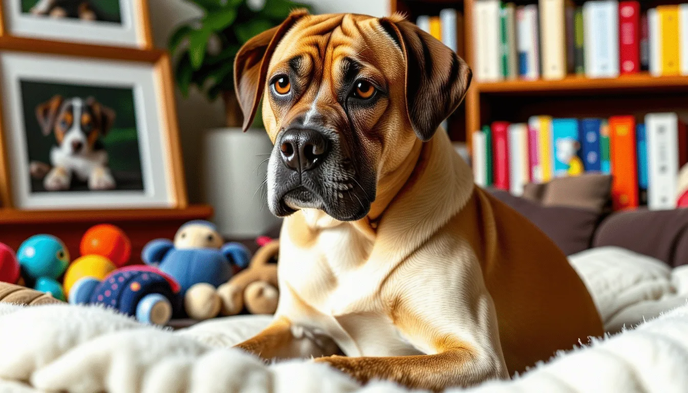 Chien âgé au museau grisonnant, couché de profil
