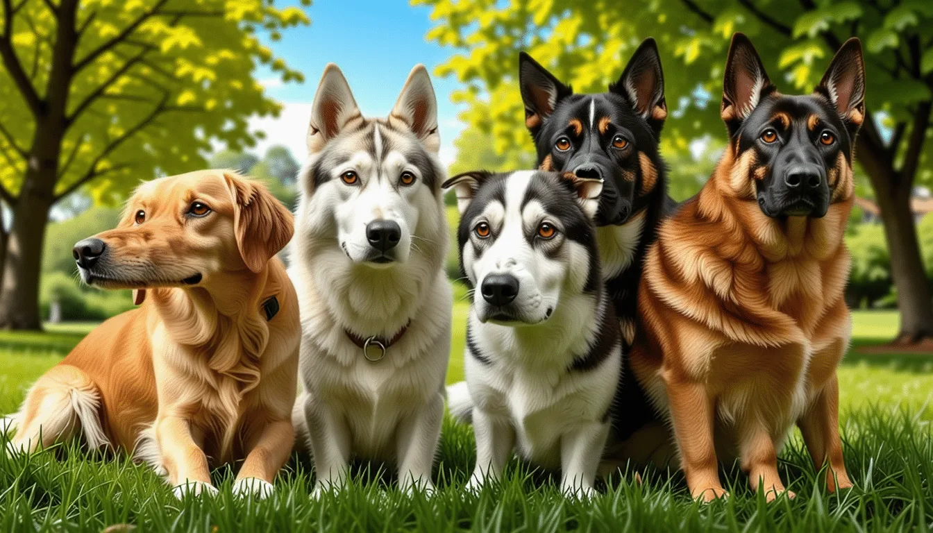 Chiens de races variées réunis dans un pré, du lévrier au terrier