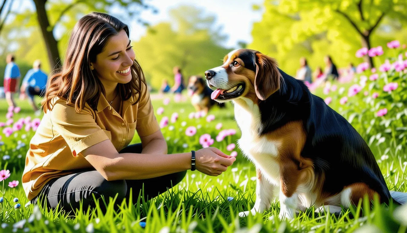 Personne accroupie face à son chien en extérieur, les deux se regardent