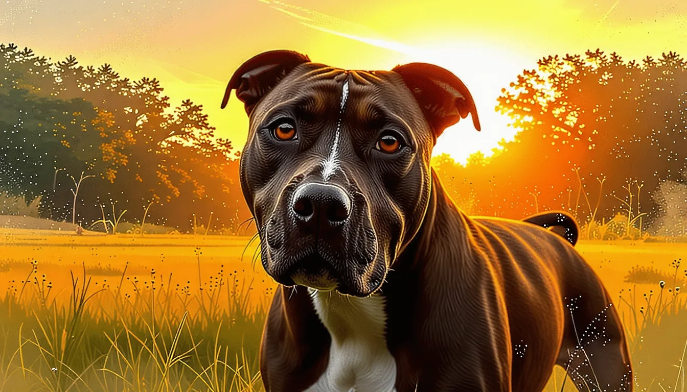 Chien de type pitbull au poil ras, assis de trois quarts en extérieur