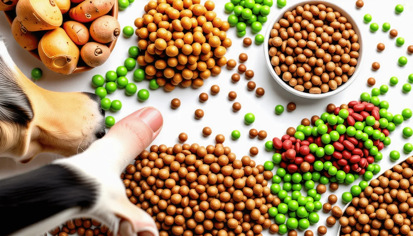 Croquettes brunes dans une gamelle en inox, chien assis en arrière-plan
