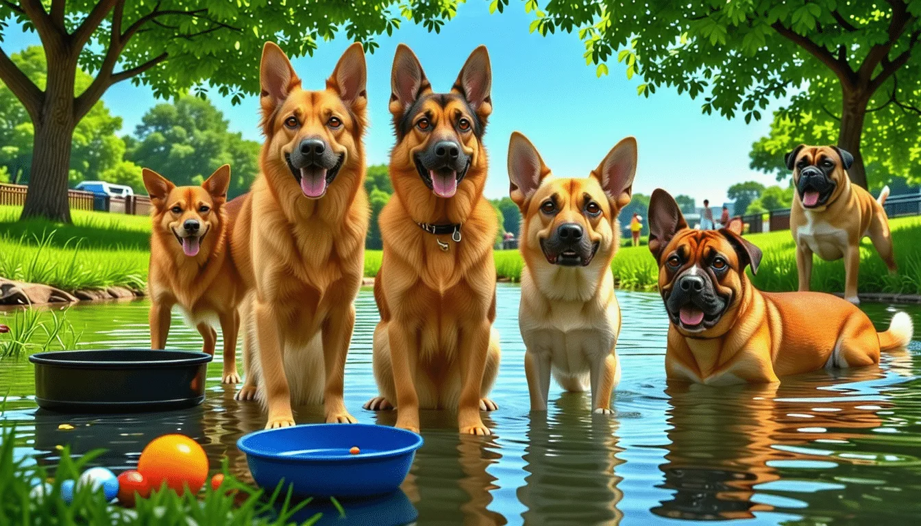 Plusieurs chiens de races et de tailles différentes réunis dans une prairie