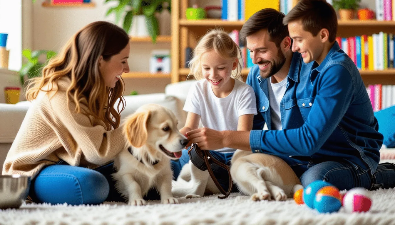Chiot assis sur un parquet, gamelle, laisse et jouet posés à côté de lui