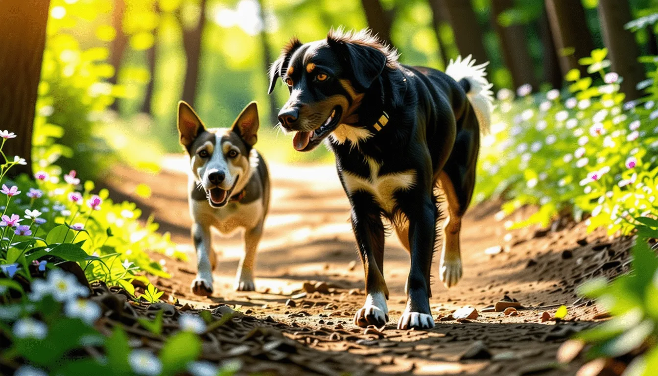 Coureur relié par une ligne élastique à son chien harnaché, sur un chemin forestier
