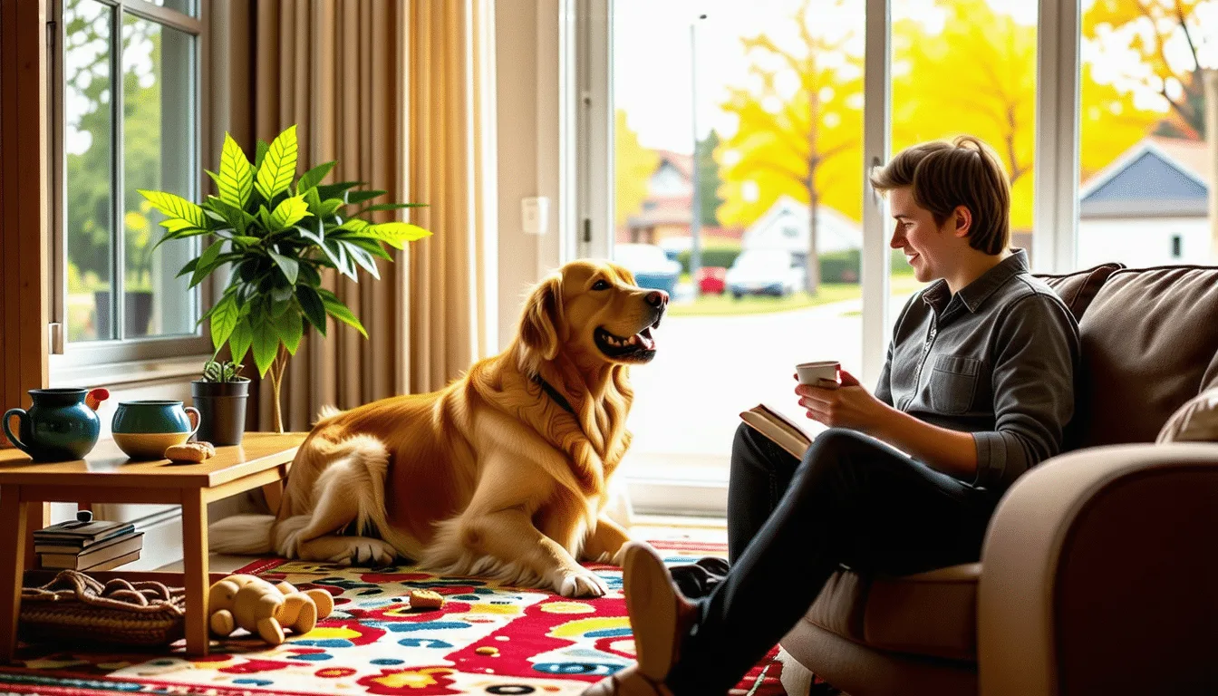 Chien allongé sur un tapis dans un salon, à côté de sa laisse et de sa gamelle