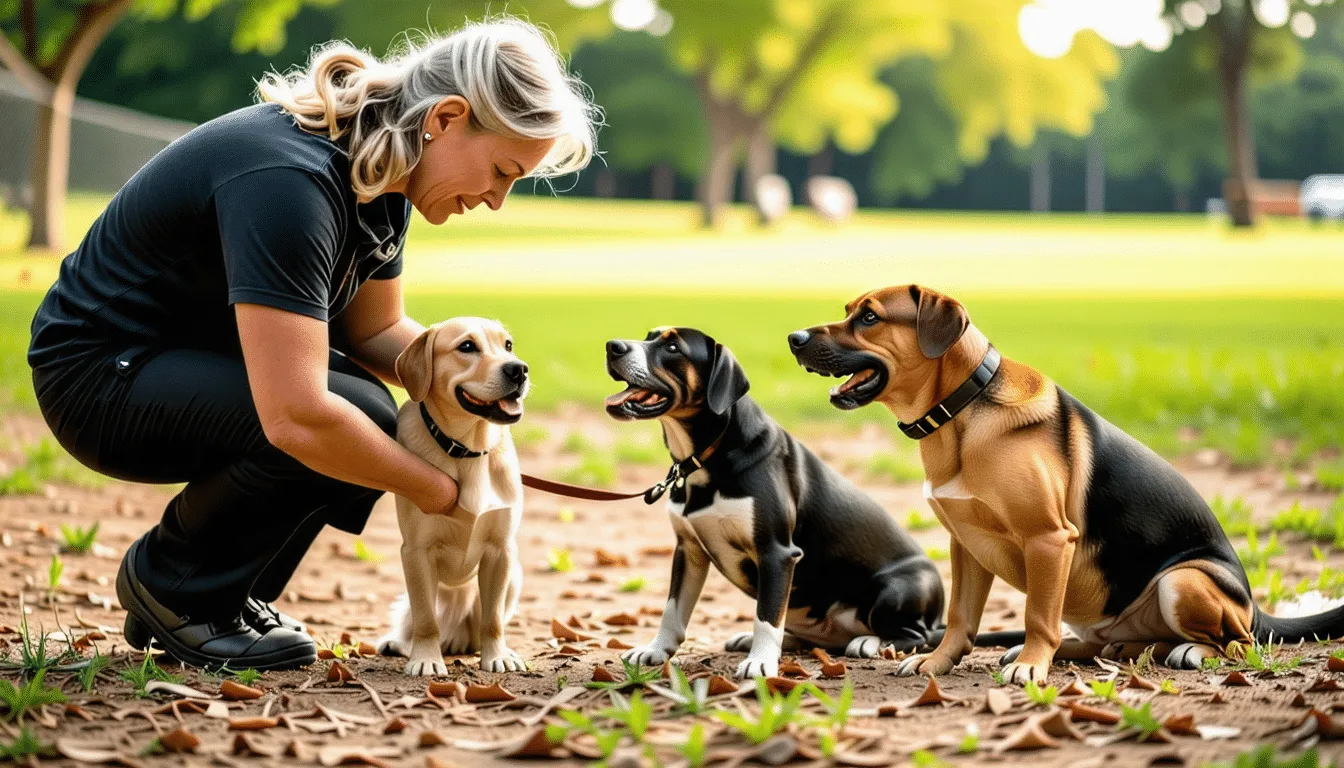 Chien au corps tendu, babines retroussées et oreilles plaquées, en posture d’avertissement