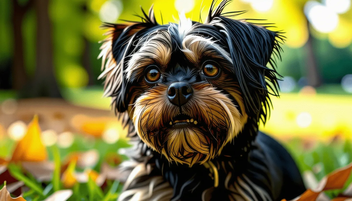 Affenpinscher noir à poil dur, tête ronde et sourcils fournis, assis de face