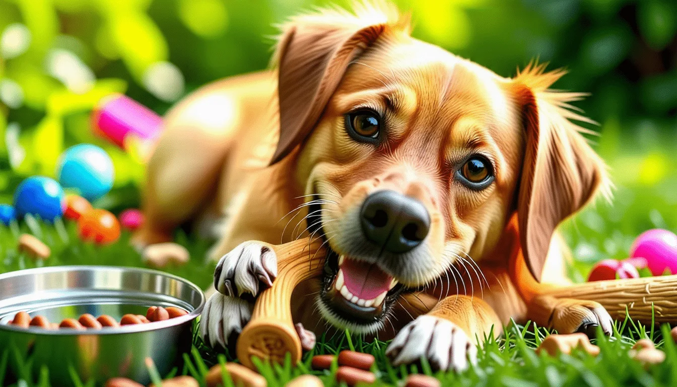 Chien couché sur un parquet, tenant un bâtonnet à mâcher entre ses pattes avant