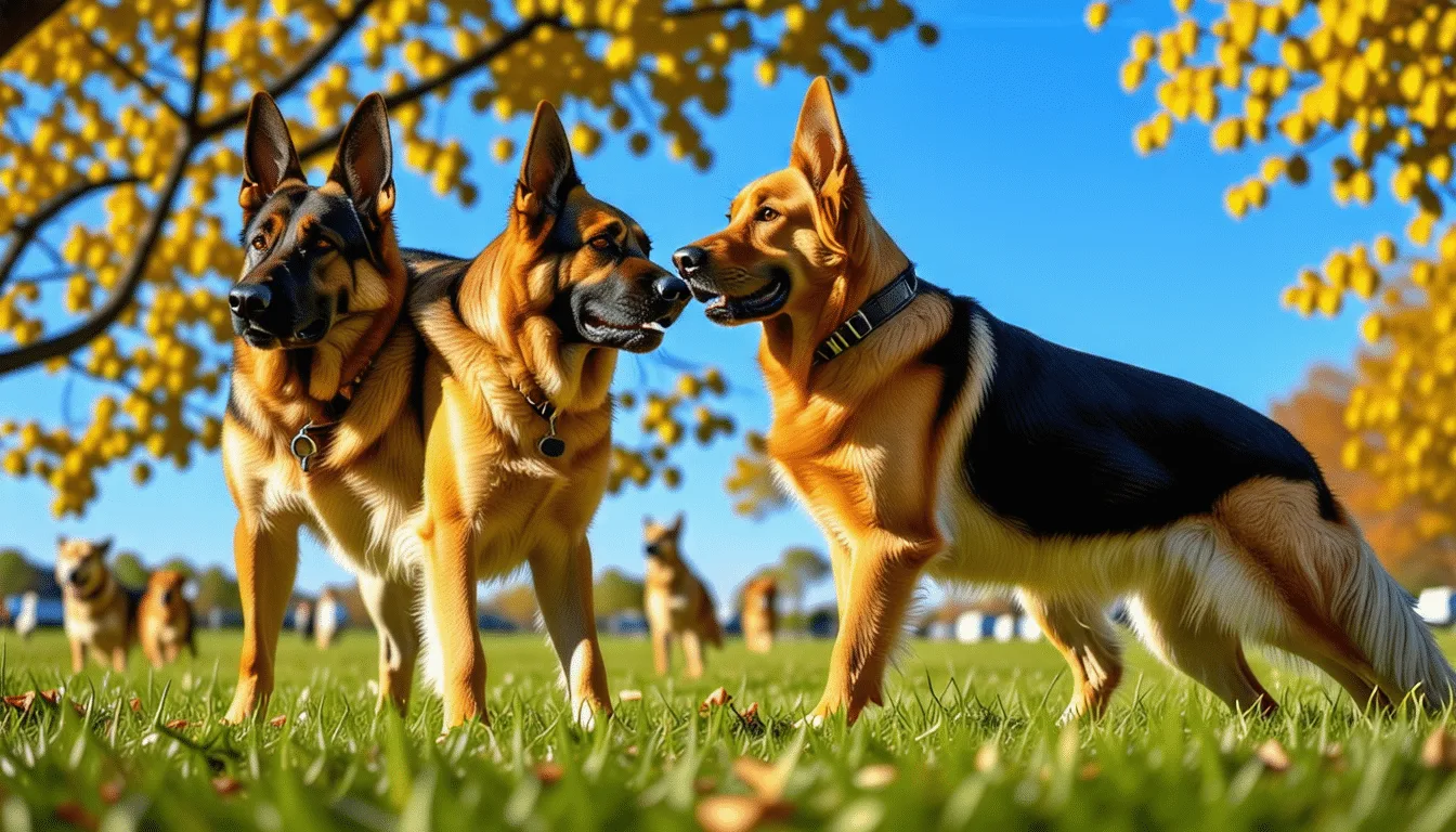 Deux chiens face à face en posture raide, poils du dos hérissés, dans un parc