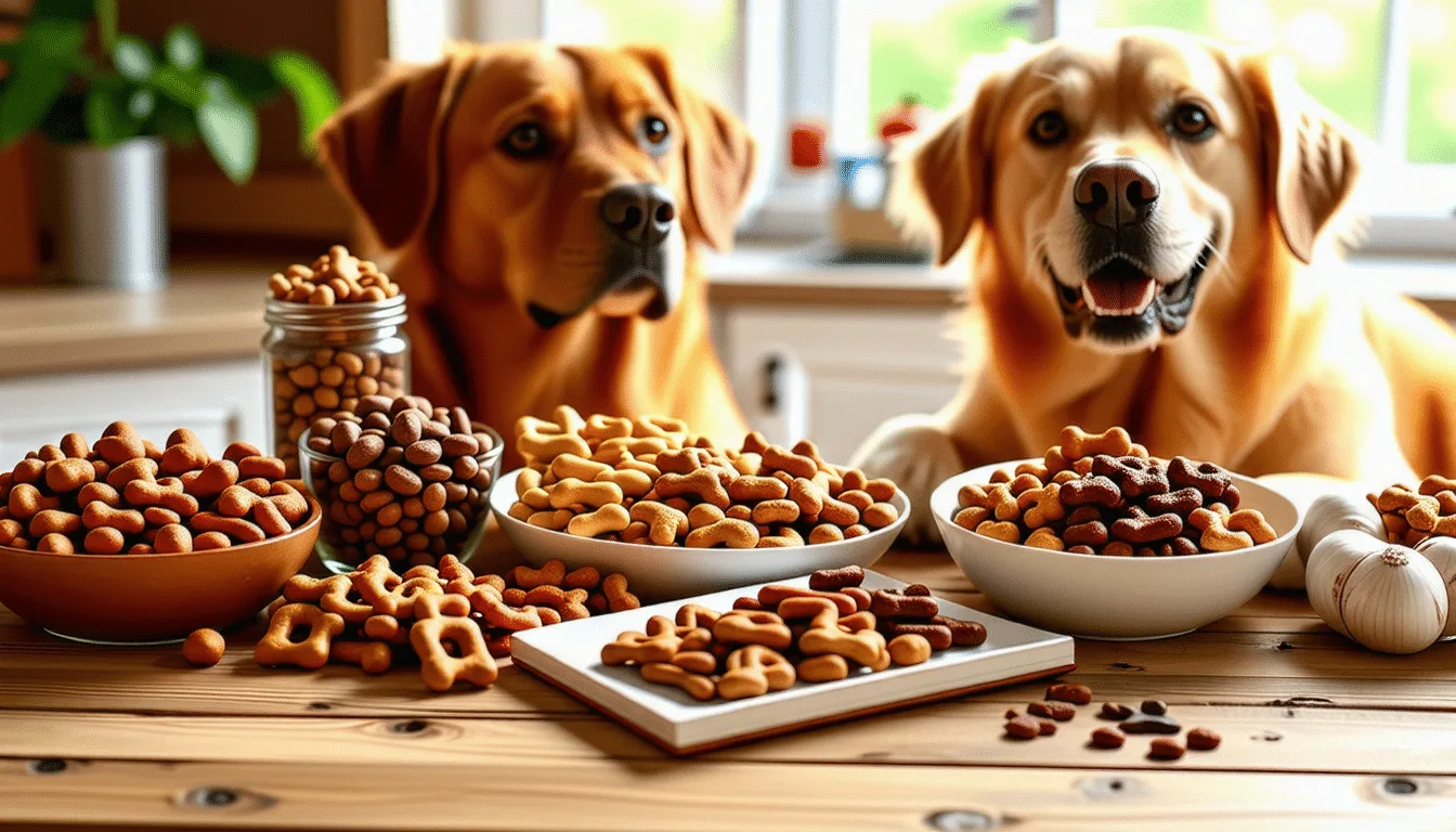 Friandises pour chien de plusieurs tailles disposées sur une planche en bois