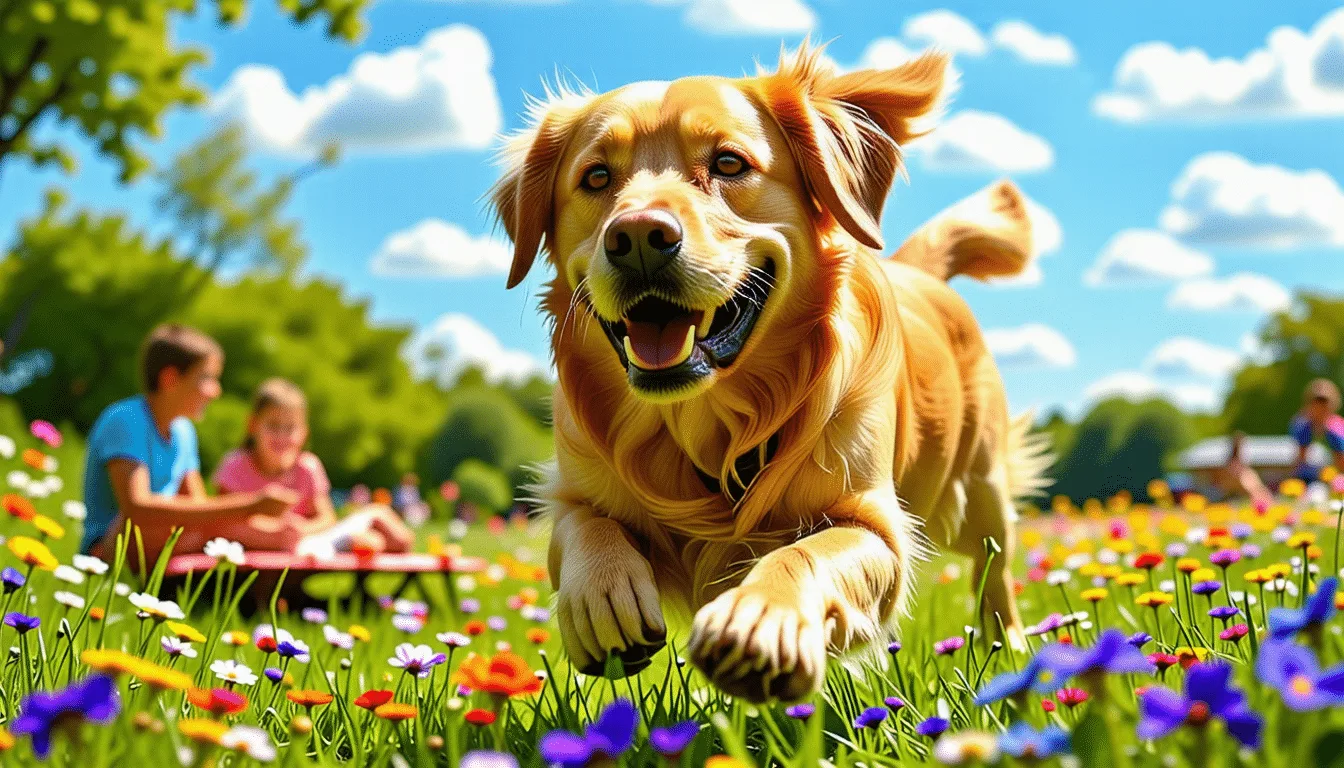 Chien couché sur le flanc dans l’herbe, gueule entrouverte et pattes détendues