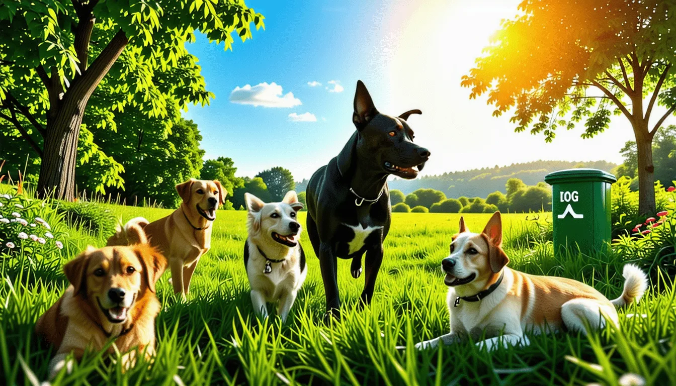 Chien assis dans un paysage naturel, gamelle posée au sol