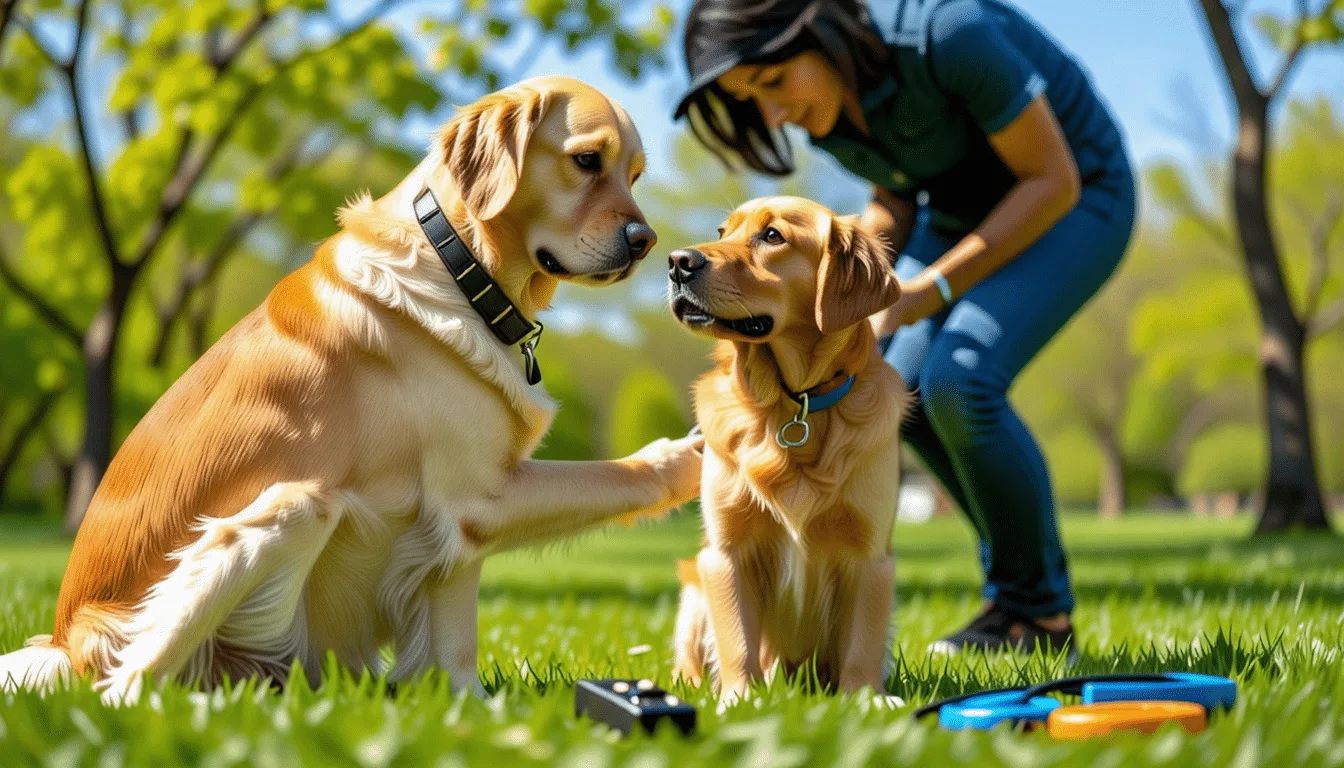 Chien attentif face à sa maîtresse accroupie, en séance d’éducation en extérieur