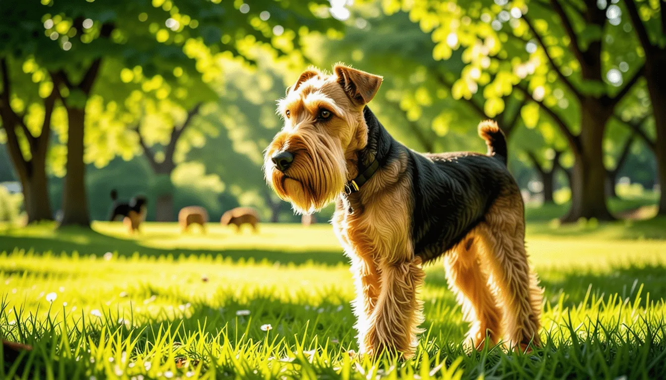 Terrier Airedale noir et feu, poil dur et barbe fournie, debout de profil