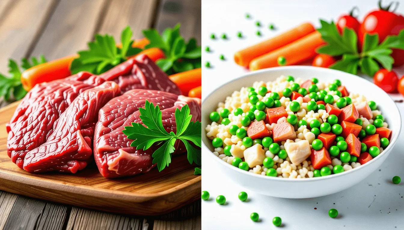 Morceaux de viande crue et de viande cuite disposés côte à côte près d'une gamelle
