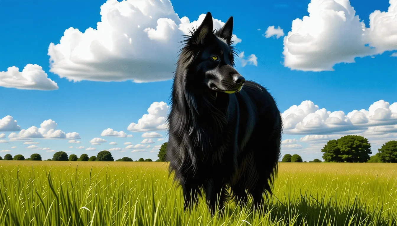 Berger Belge Groenendael noir à poil long, de profil sur un chemin