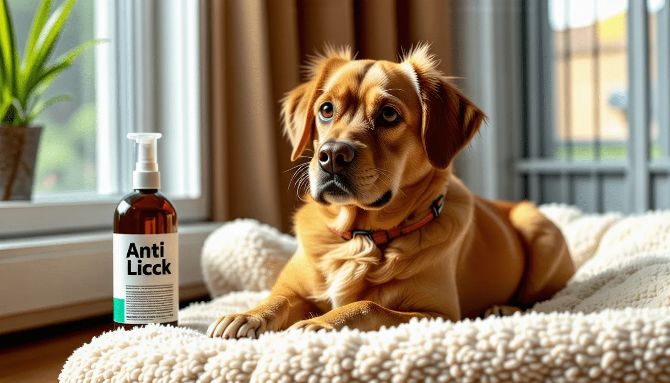 Chien portant une collerette blanche, couché sur un tapis