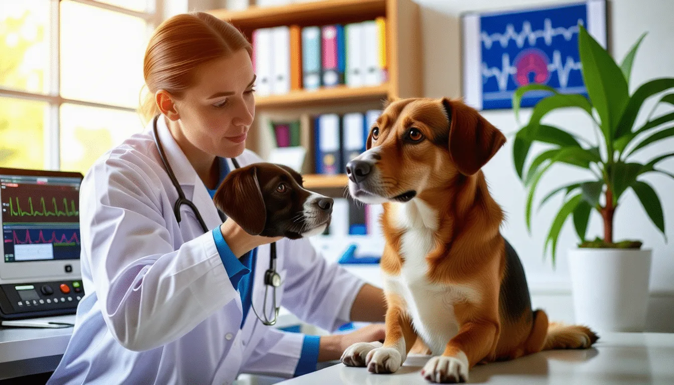 Chien couché sur le flanc dans une pièce sombre, surveillé par son propriétaire