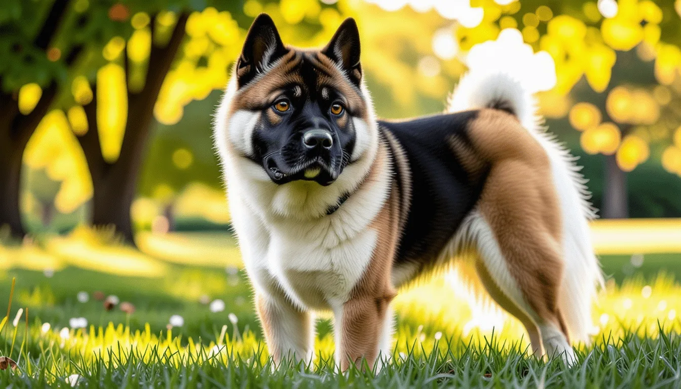 Akita Américain fauve à masque noir, debout de trois quarts sur l’herbe