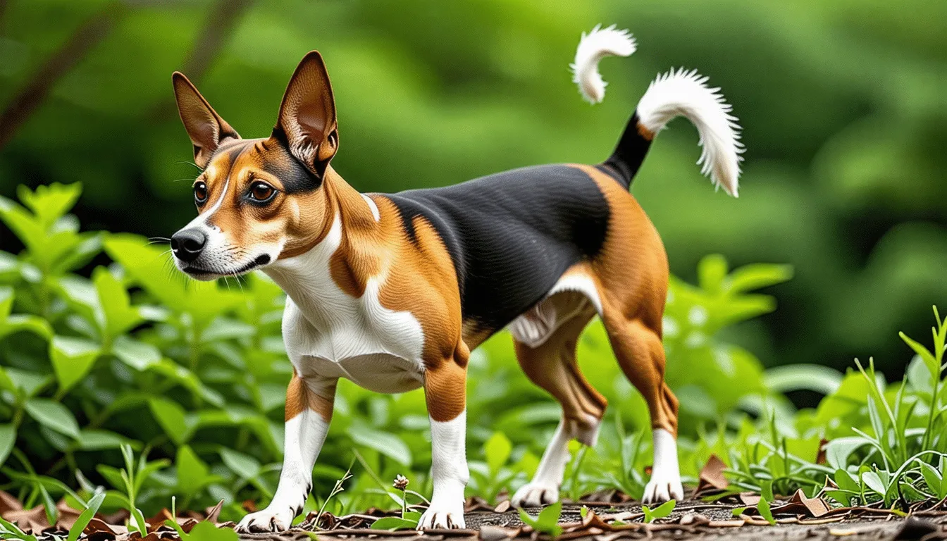 Basenji rouge et blanc, oreilles dressées, front plissé et queue enroulée sur le dos