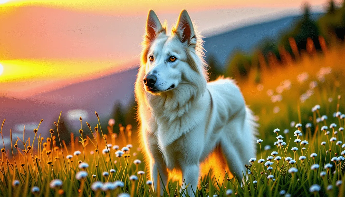Berger Blanc Suisse à poil long, debout de profil, oreilles dressées, sur un fond clair