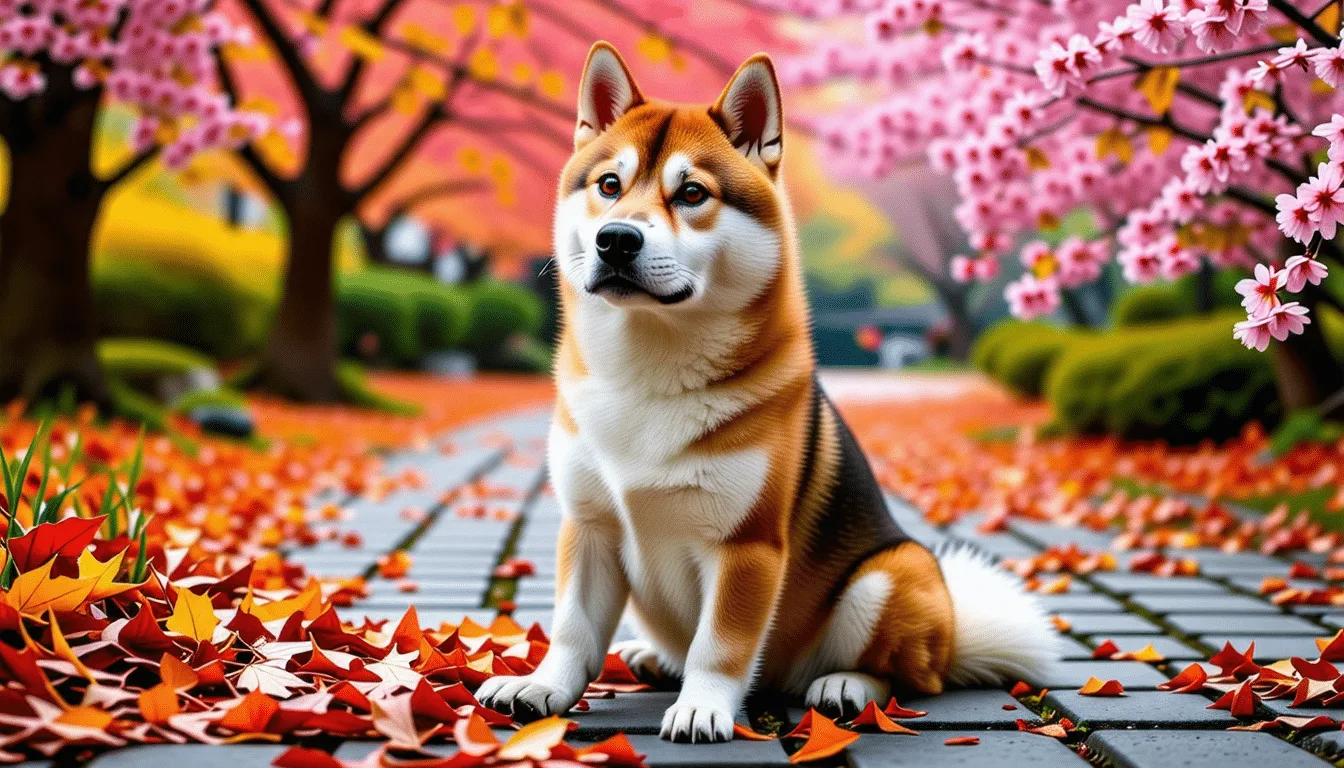 Akita Inu rouge fauve à urajiro clair, queue enroulée sur le dos, assis de trois quarts