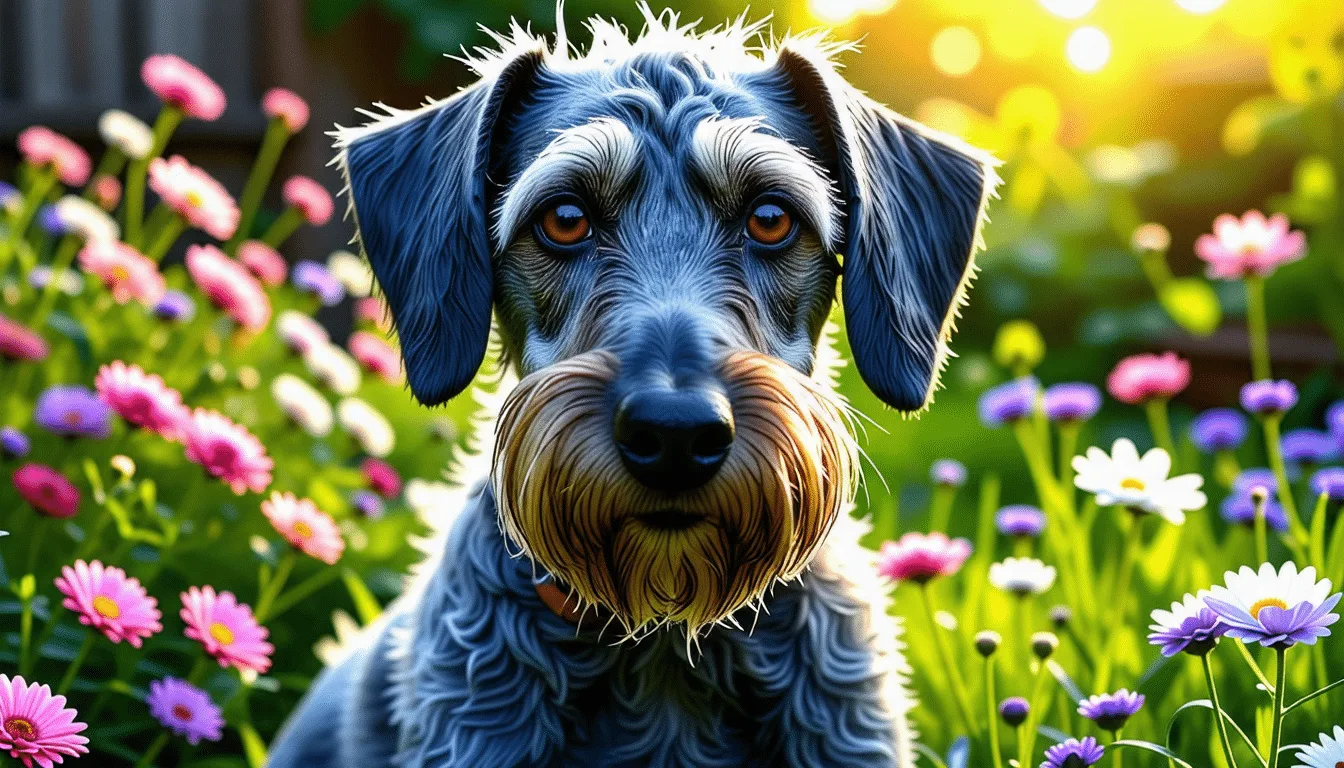 Terrier de Bedlington bleu toiletté, tête en poire et toupet clair, de profil