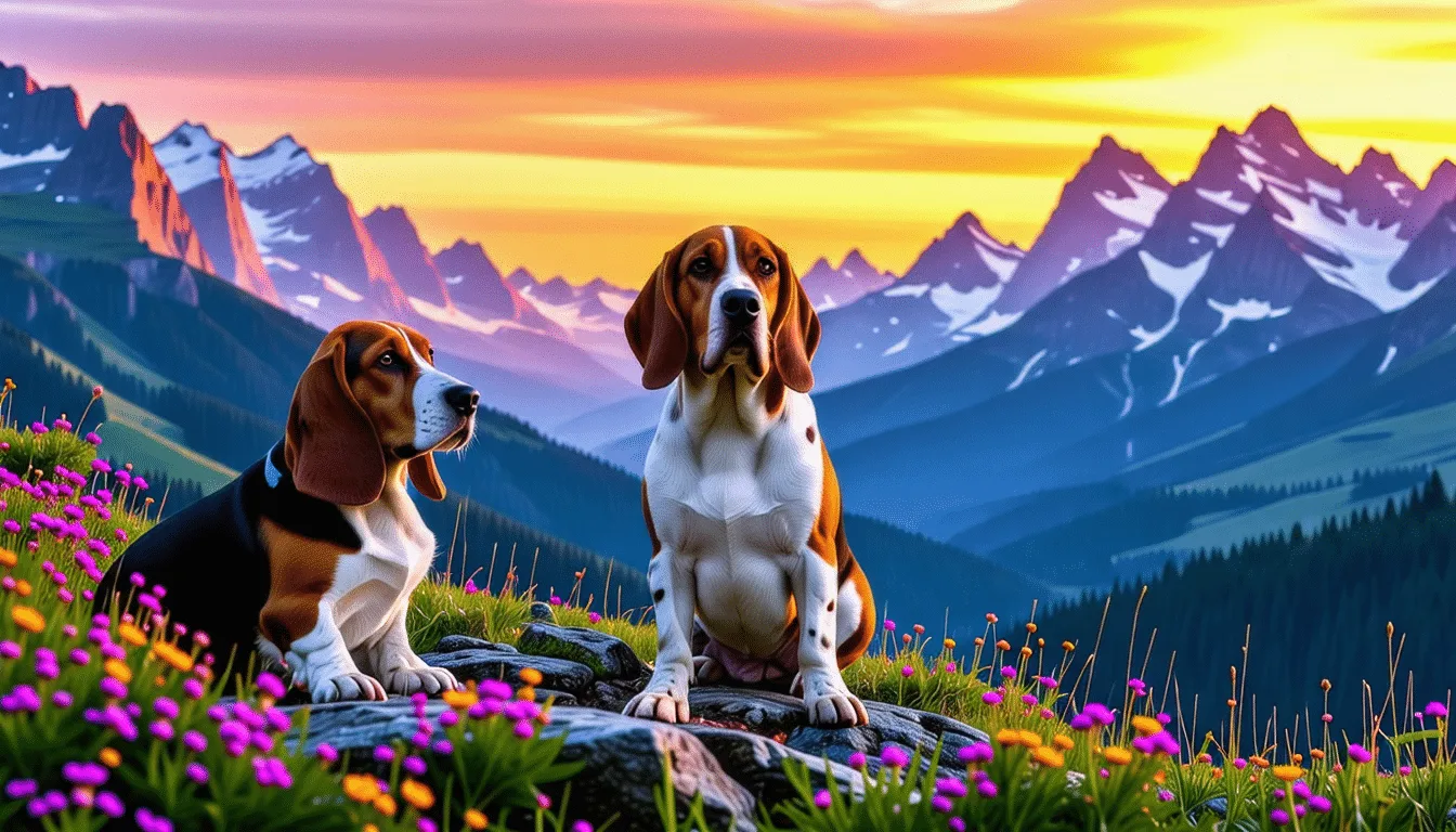 Basset des Alpes à robe rouge cerf, oreilles tombantes, debout sur un sentier de montagne