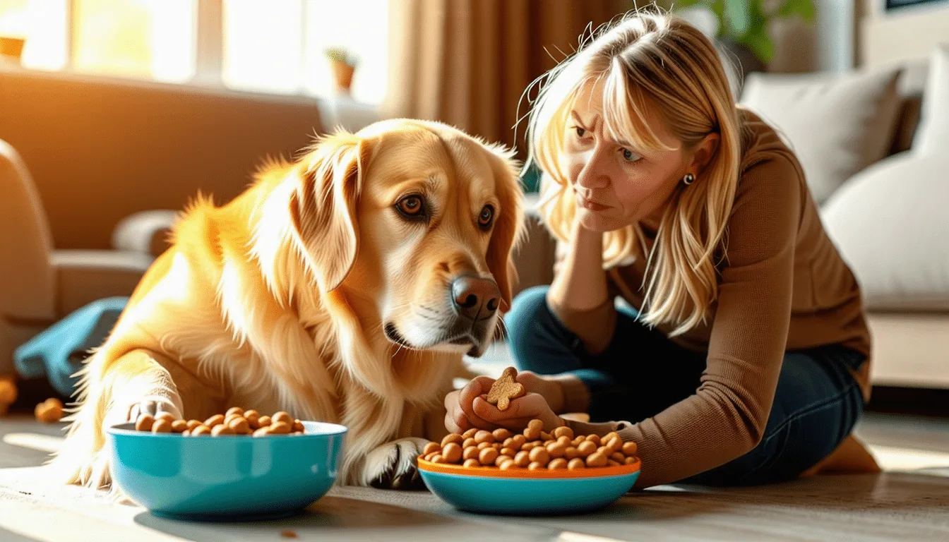Chien détournant la tête devant une main tendue qui lui présente une friandise