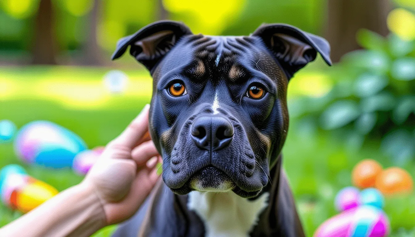 American Staffordshire Terrier bringé au poil court, assis de face sur l’herbe