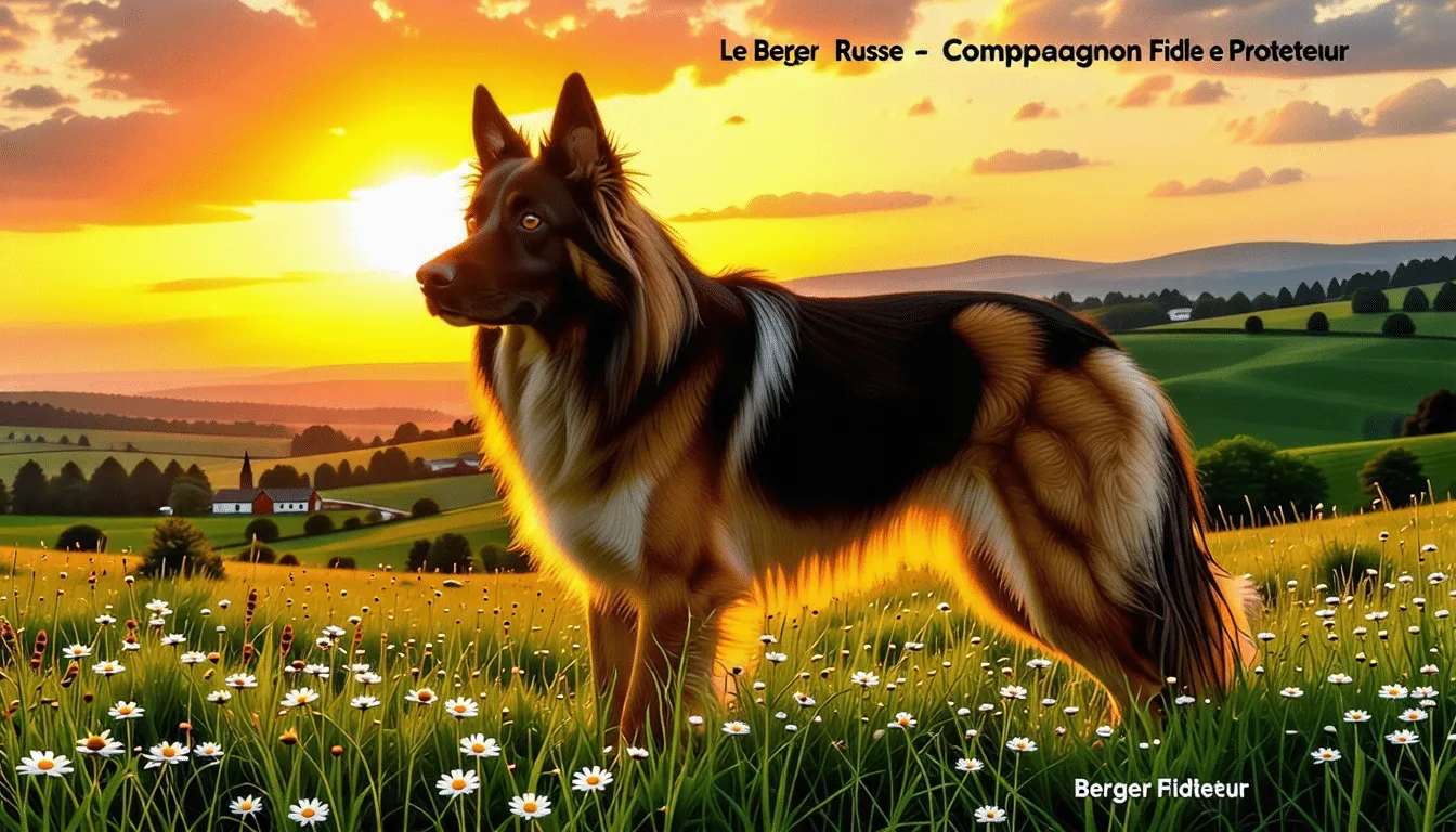 Grand chien de berger russe à fourrure épaisse, en position de garde devant une clôture