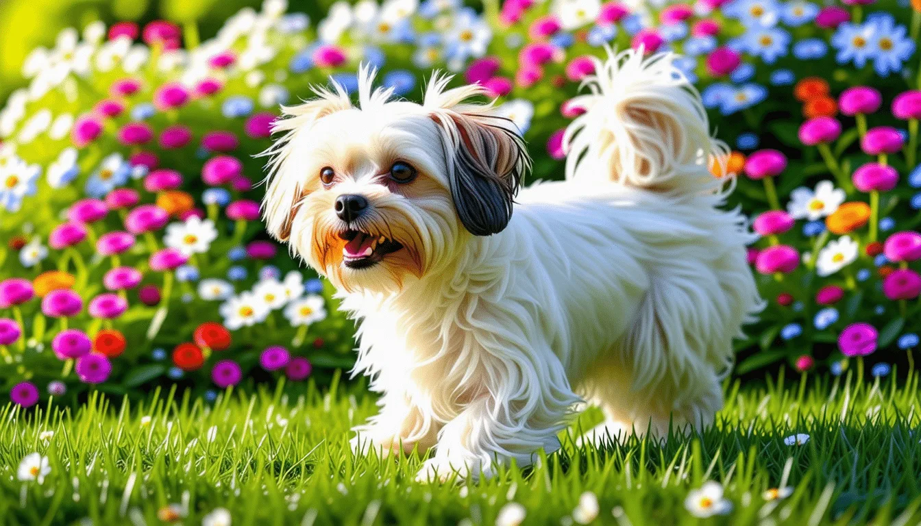 Bichon Havanais fauve et blanc au poil long ondulé, debout sur l’herbe