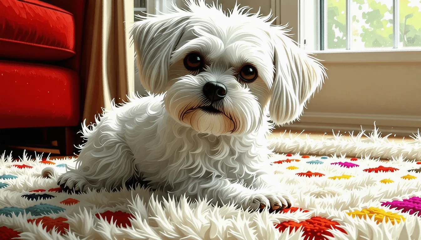 Bichon Maltais blanc au poil long et lisse tombant, couché sur un tapis