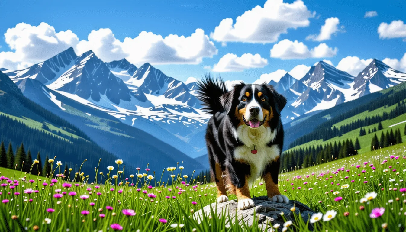 Bouvier Bernois tricolore à poil long, assis dans un pré de montagne