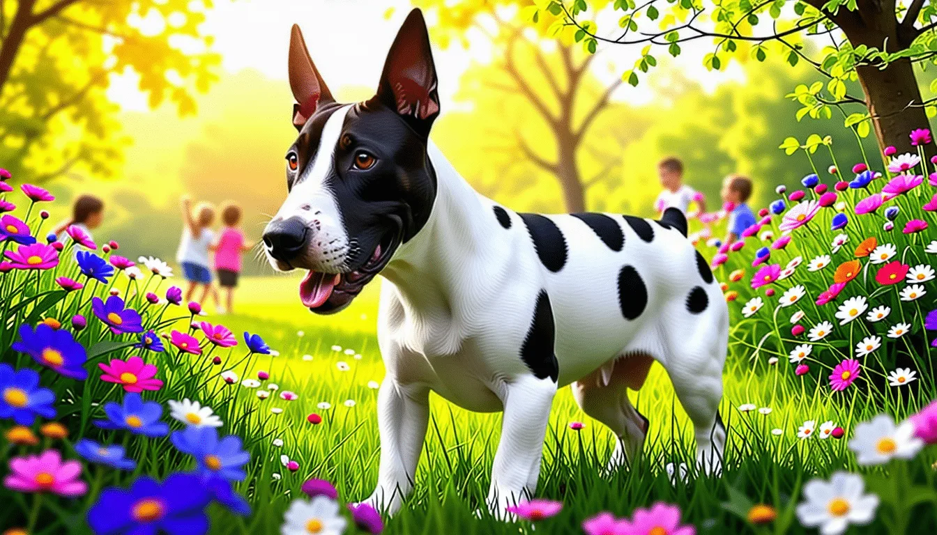 Bull Terrier blanc de profil, tête ovoïde et petits yeux triangulaires, assis sur l’herbe