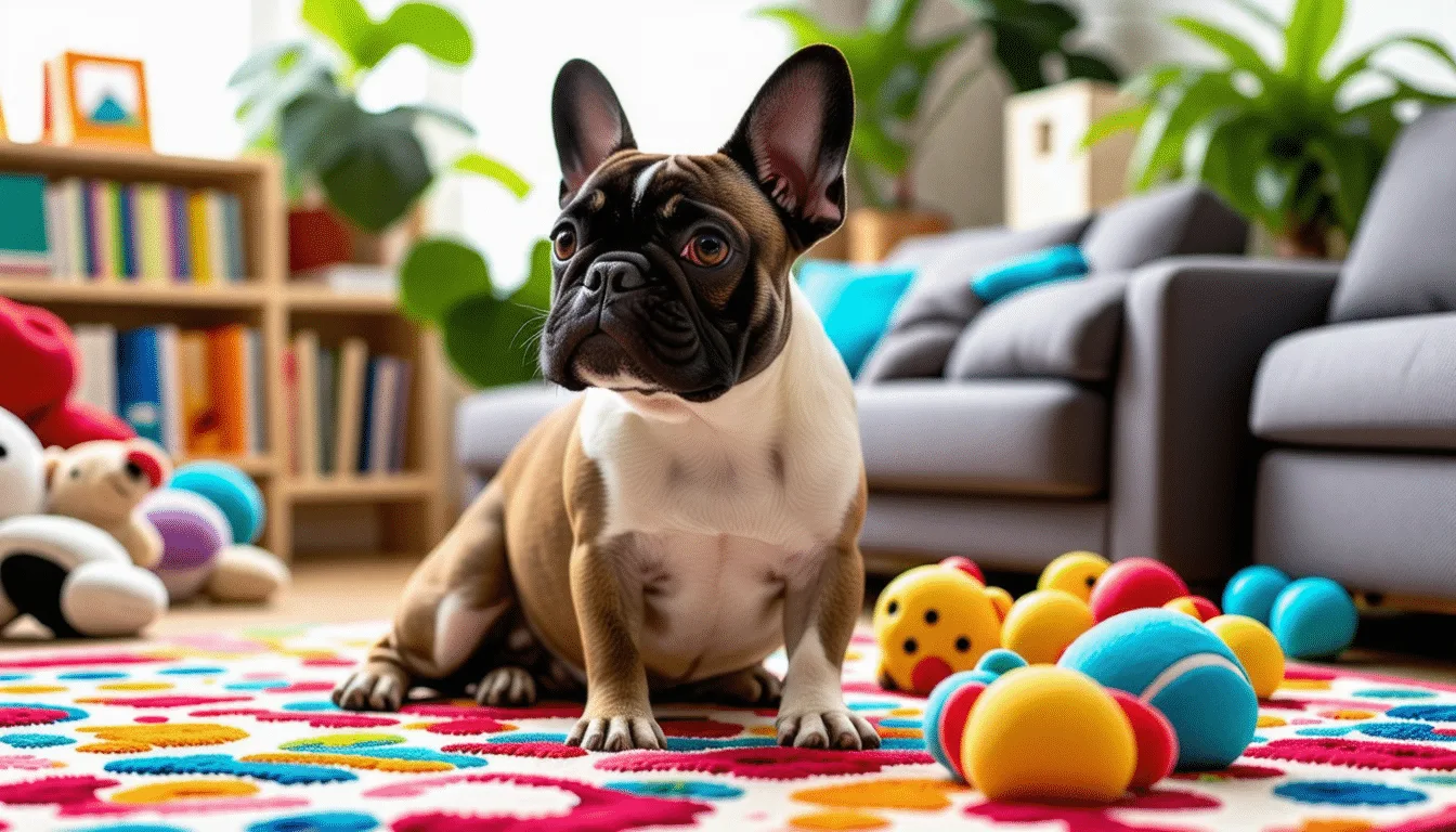 Bouledogue Français bringé assis, oreilles droites larges à la base, museau court