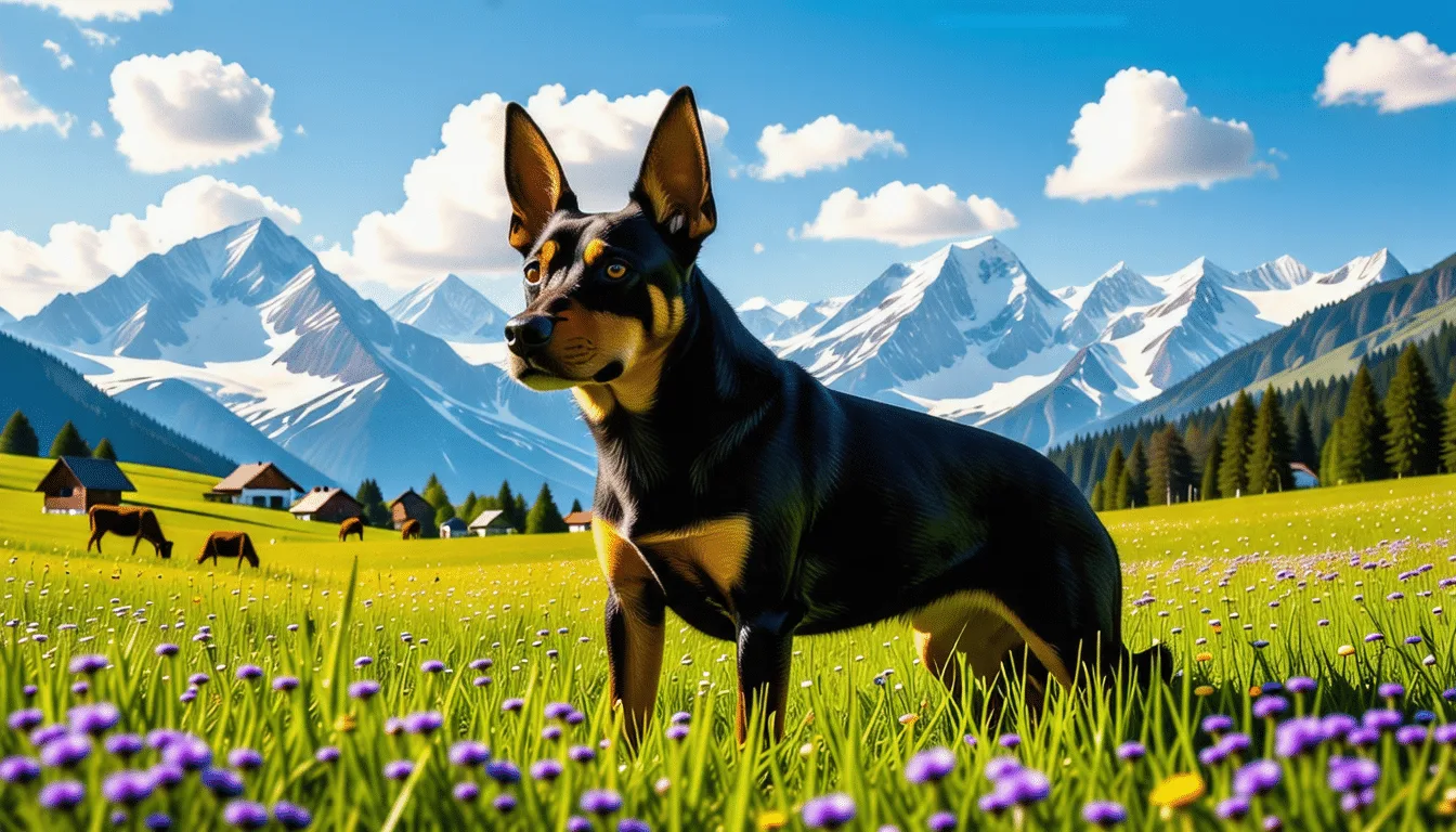 Bouvier de l’Entlebuch tricolore au corps allongé, debout dans un alpage