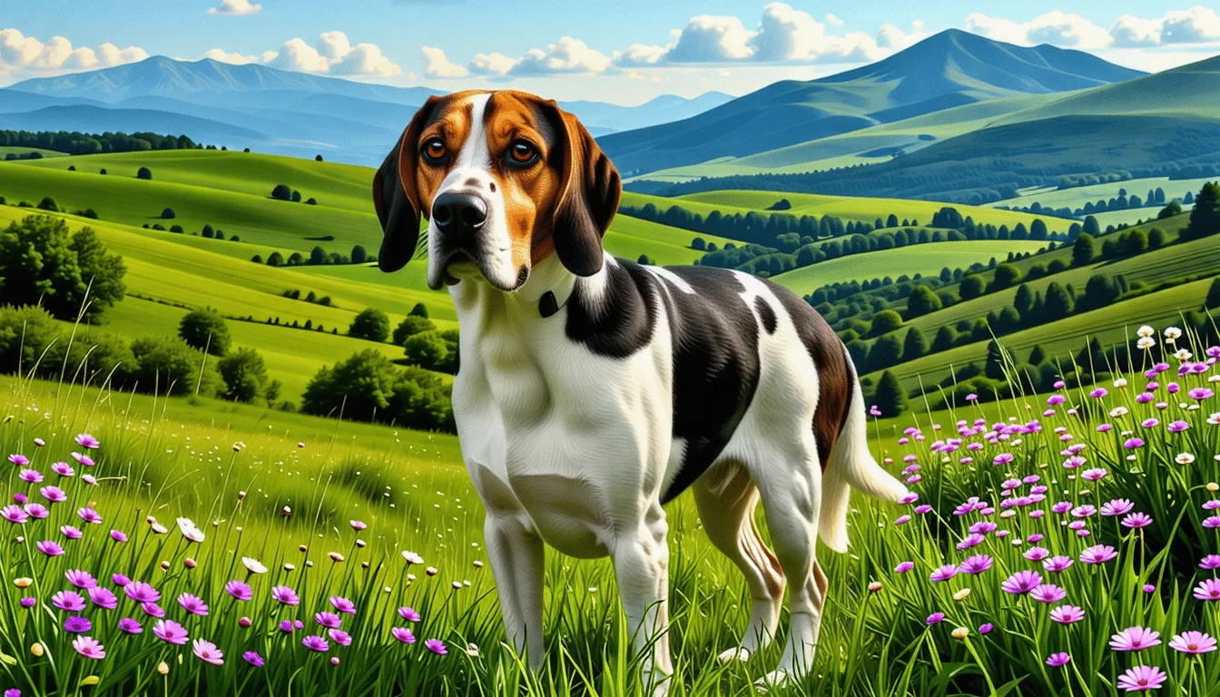Chien Courant Serbe roux à selle noire, debout de profil en lisière de forêt