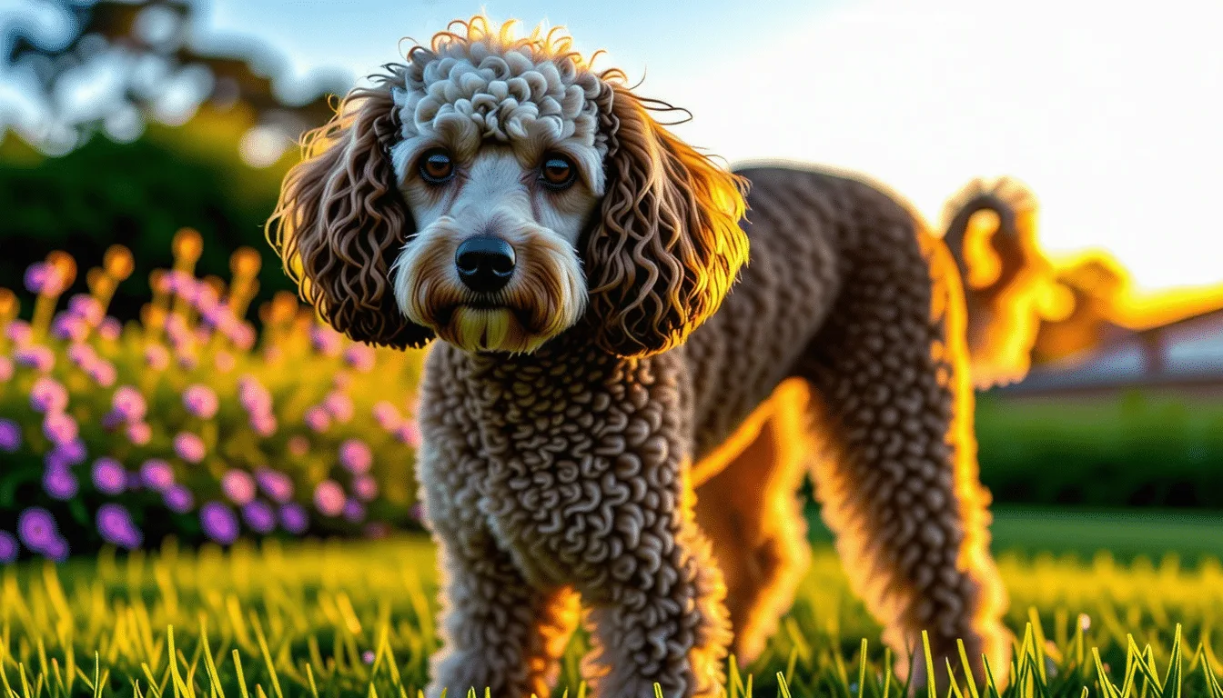 Caniche noir en coupe mouton, assis de trois quarts sur un parquet clair