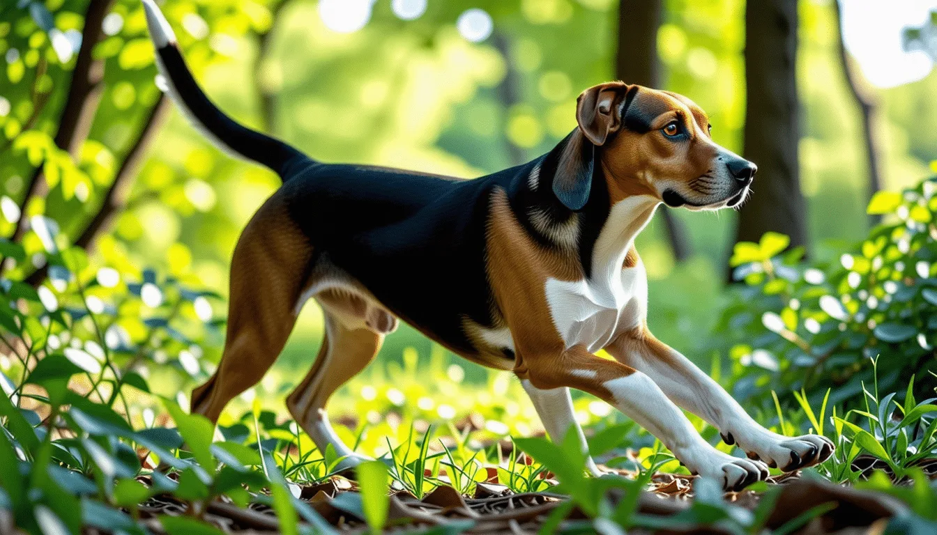 Chien Courant Slovaque noir et feu en sous-bois, oreilles tombantes et poil court