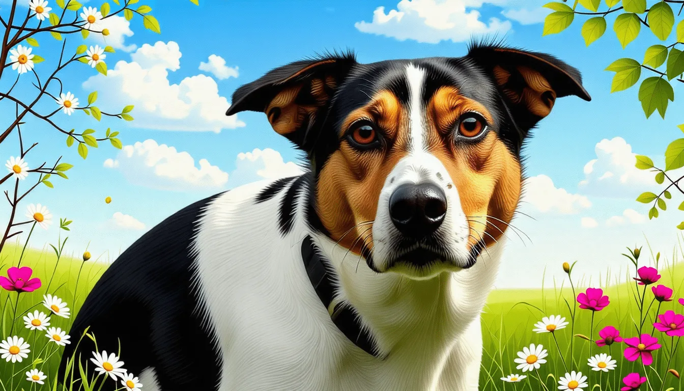 Chien courant tricolore serbe roux, noir et blanc, en marche dans une clairière