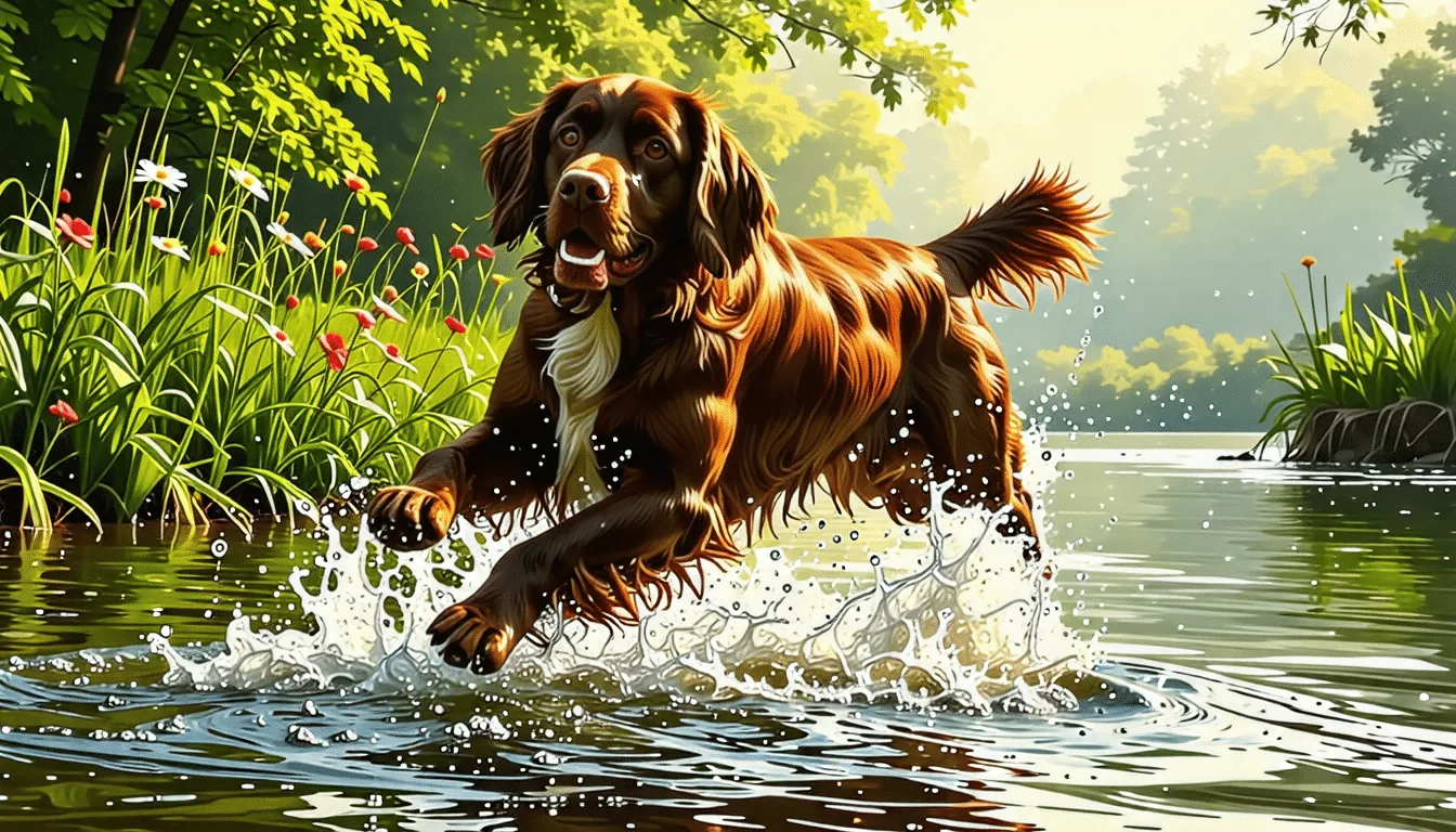 Chien d’eau américain brun foncé au poil bouclé, sortant de l’eau sur une berge