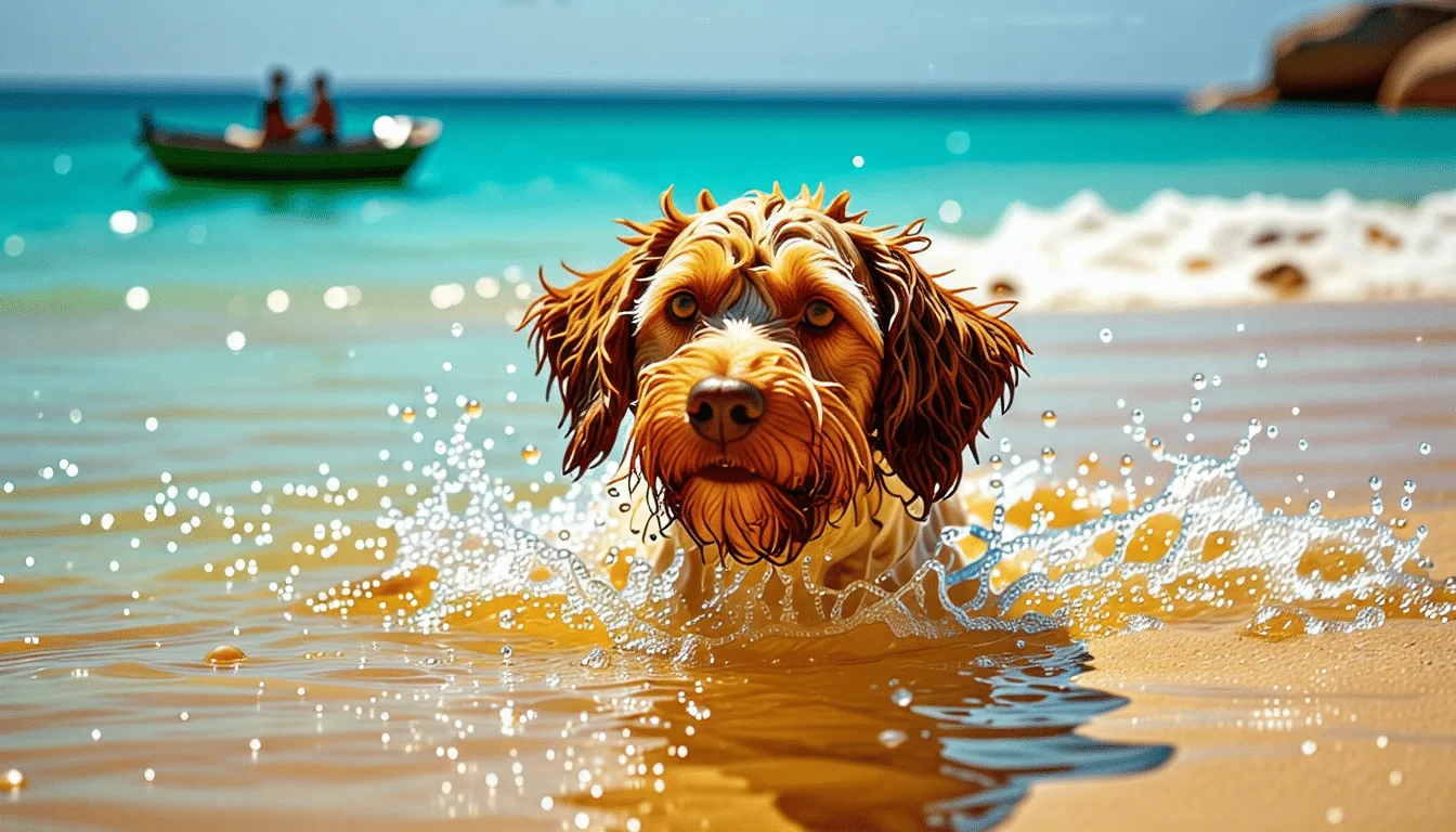 Chien d’eau espagnol brun et blanc au poil cordé, debout au bord de l’eau