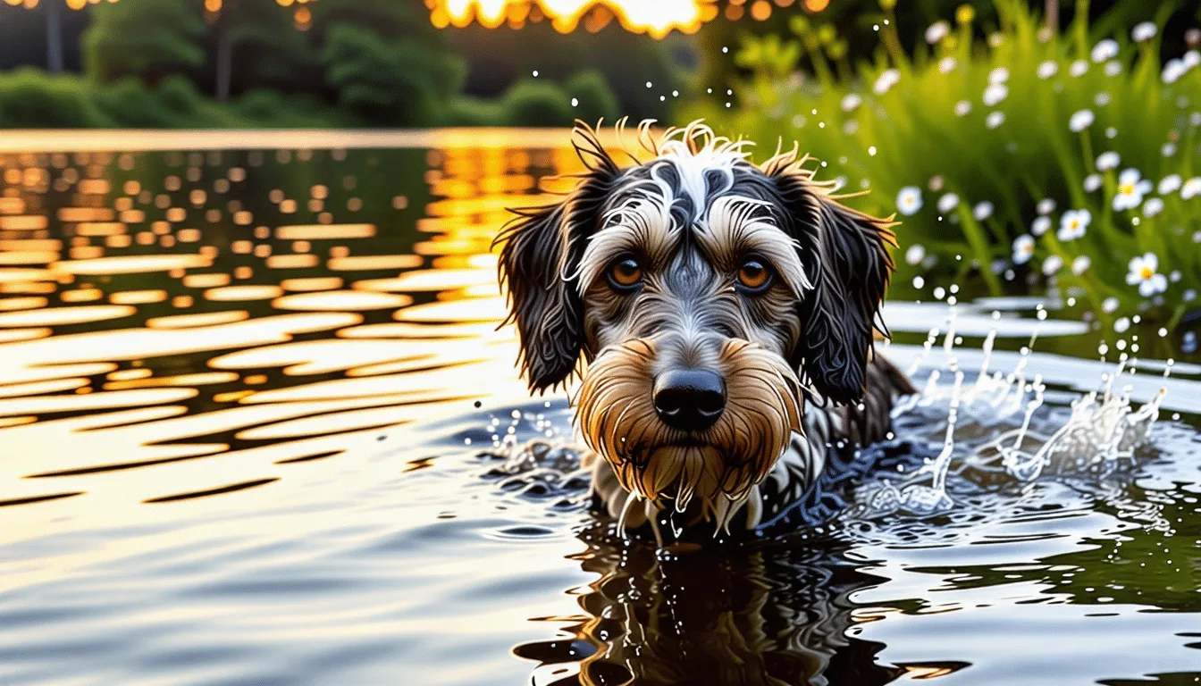 Wetterhoun noir et blanc au poil bouclé, queue enroulée sur la croupe, au bord d’un canal