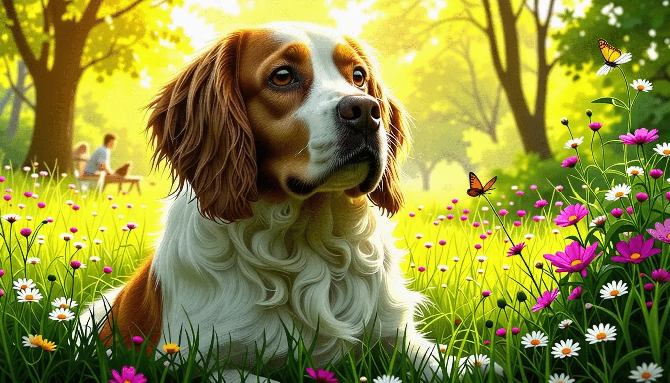 Clumber Spaniel blanc à marques orange sur la tête, debout de profil dans l’herbe