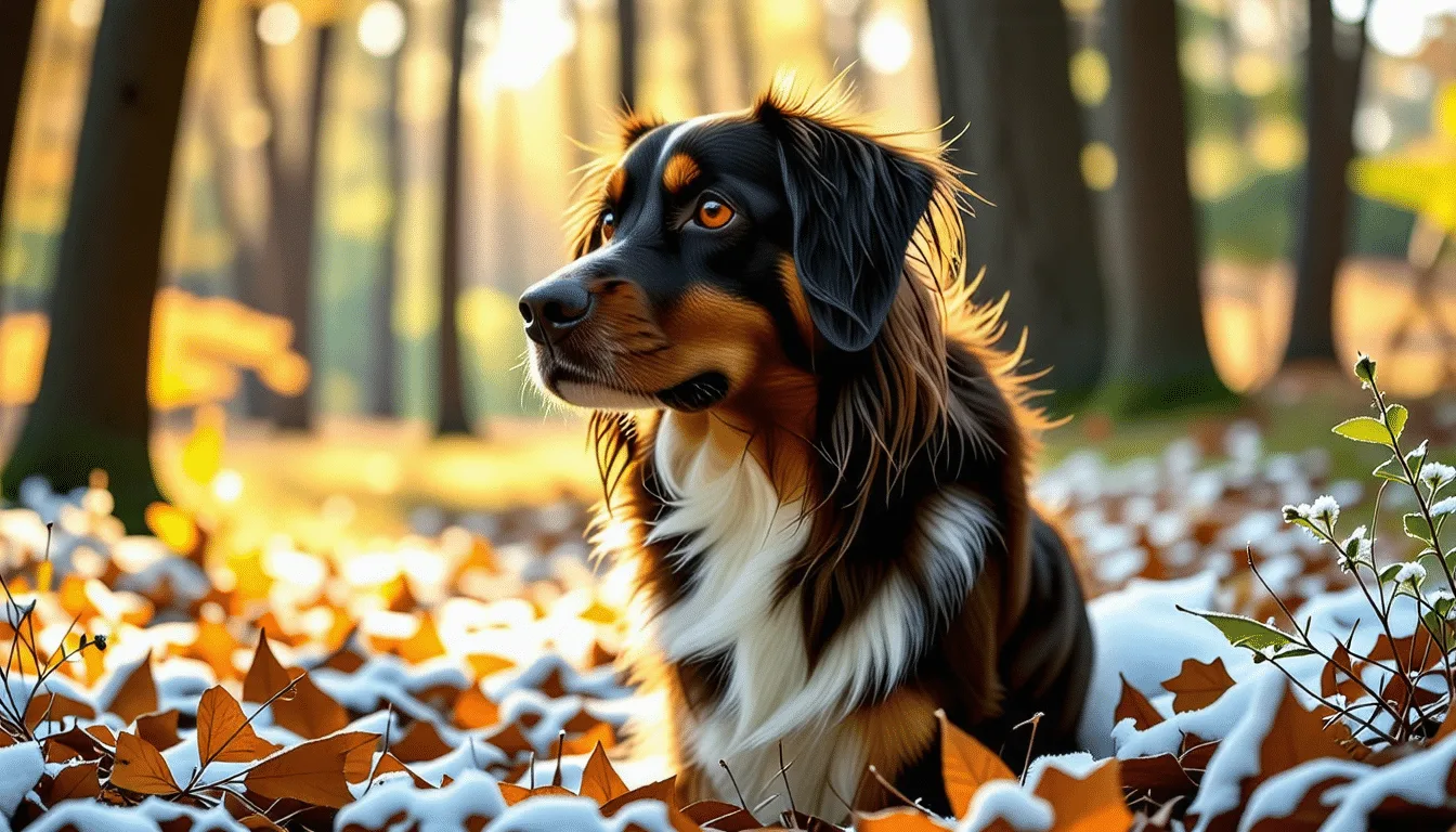 Chien d’Oysel brun à poil long ondulé, oreilles tombantes, debout dans un sous-bois