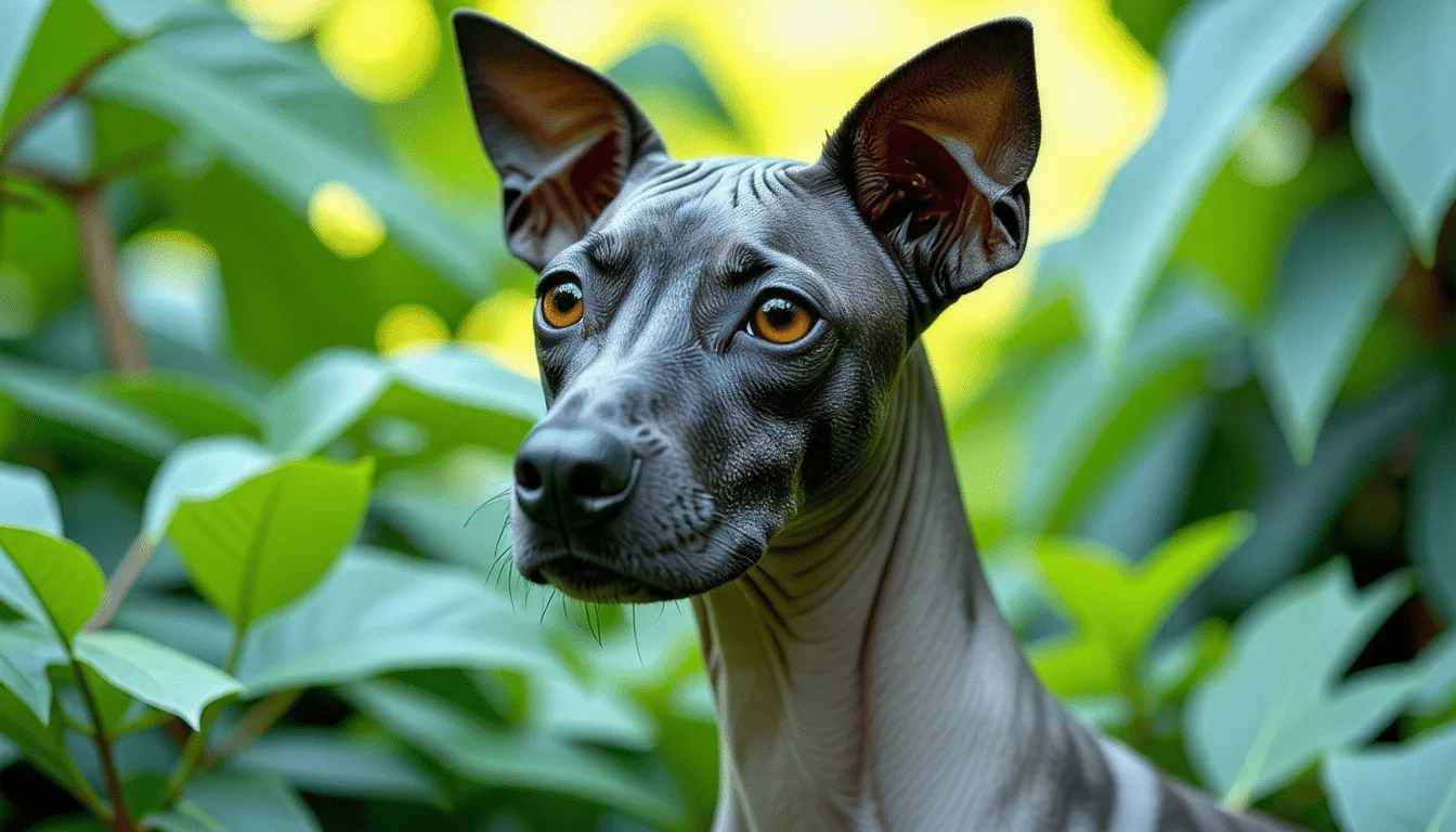 Xoloitzcuintle nu à peau gris foncé, grandes oreilles dressées, assis de trois quarts