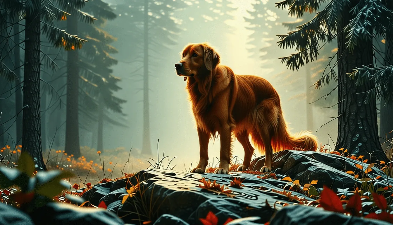 Chien de rouge de Bavière au poil fauve sombre, nez au sol en sous-bois de montagne