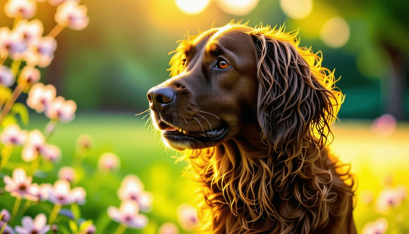 Retriever à poils frisés noir, robe en petites boucles serrées, debout dans l’herbe
