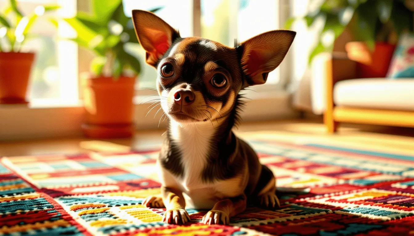 Chihuahua à poil court assis, grandes oreilles dressées et regard de face